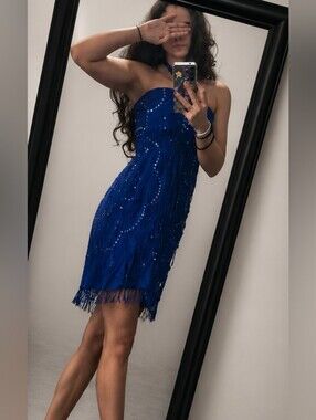 Strapless Cobalt Blue Sequin Fringe Party Dress